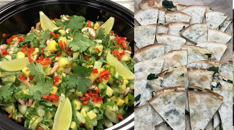skål med cevicesallad och fat med quesadillas