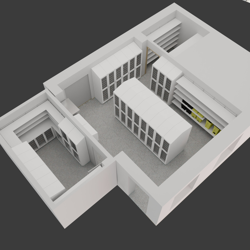 3D-ritning över ett förråd med många skåp längs både väggar och i mitten av rummet.